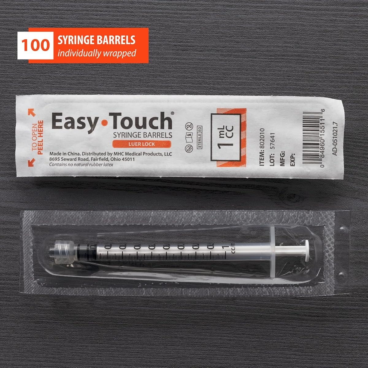 EasyTouch Luer-Lock Syringe Barrel 1 mL, 100 Pack, view 5