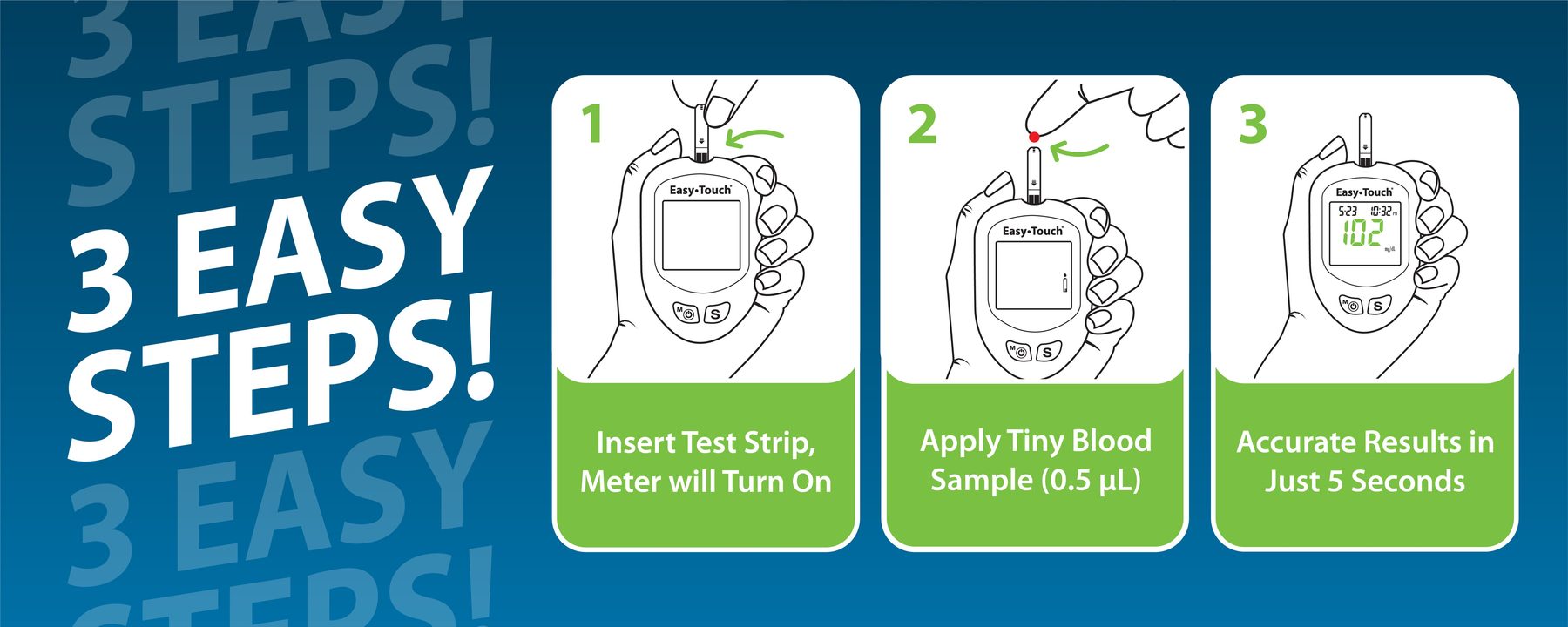 Three easy steps to test with an EasyTouch glucose meter