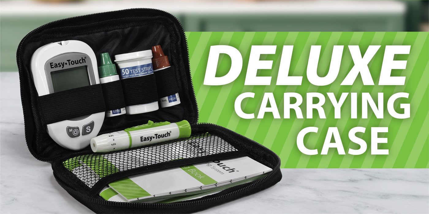 EasyTouch glucose meter in the deluxe carrying case